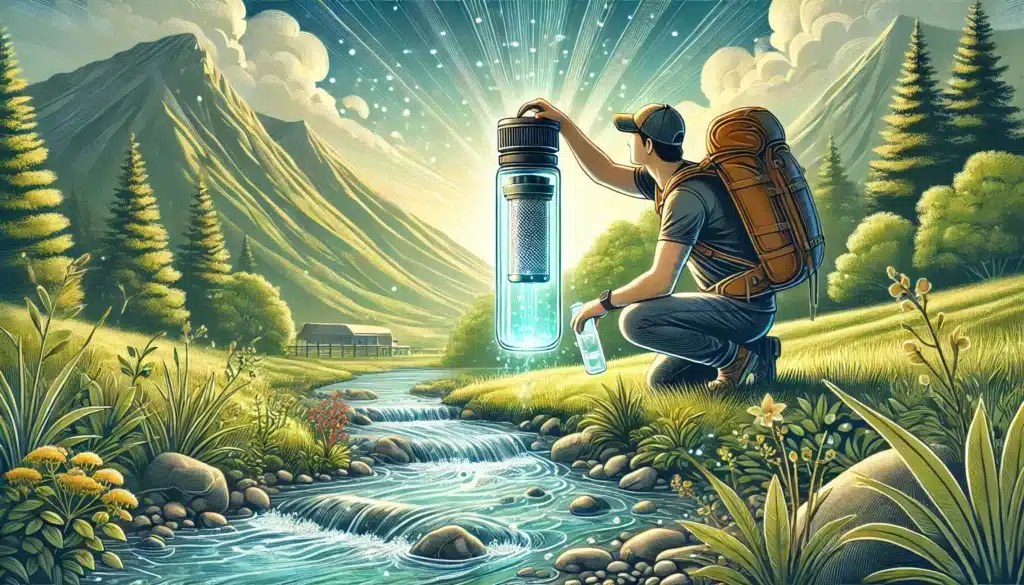 a detailed illustration of a traveler using a portable water filtration bottle in a natural setting. the scene includes a person near a clear stream,