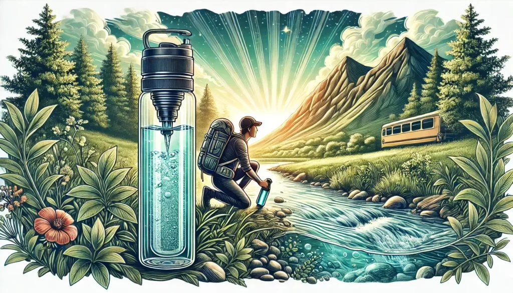 a detailed illustration of a traveler using a portable water filtration bottle in a natural setting. the scene includes a person near a clear stream, (1)