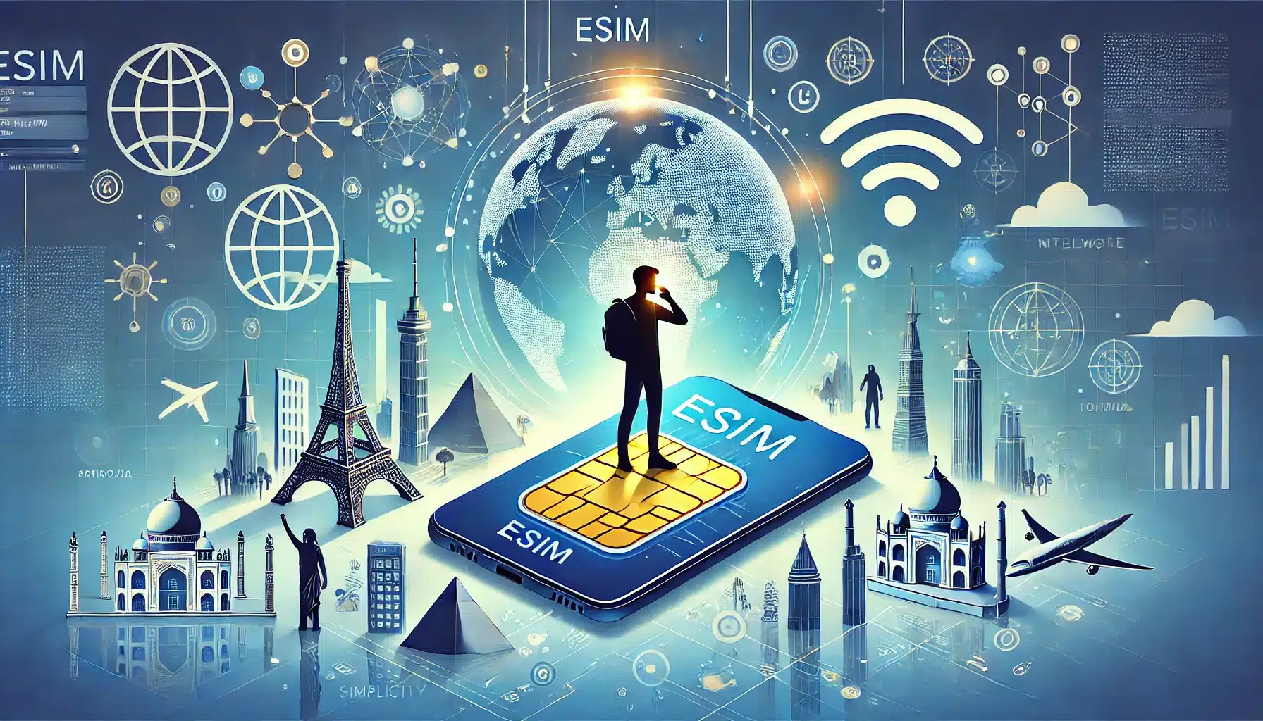 a modern and vibrant illustration showcasing esim technology for travelers. a traveler with a smartphone is activating an esim on the device, with hol