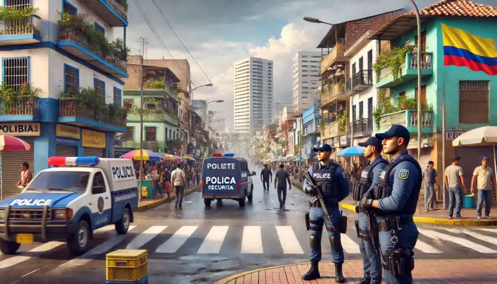 a realistic depiction of security in colombia, showing a street scene in a colombian city. a mix of uniformed security personnel, such as police officer