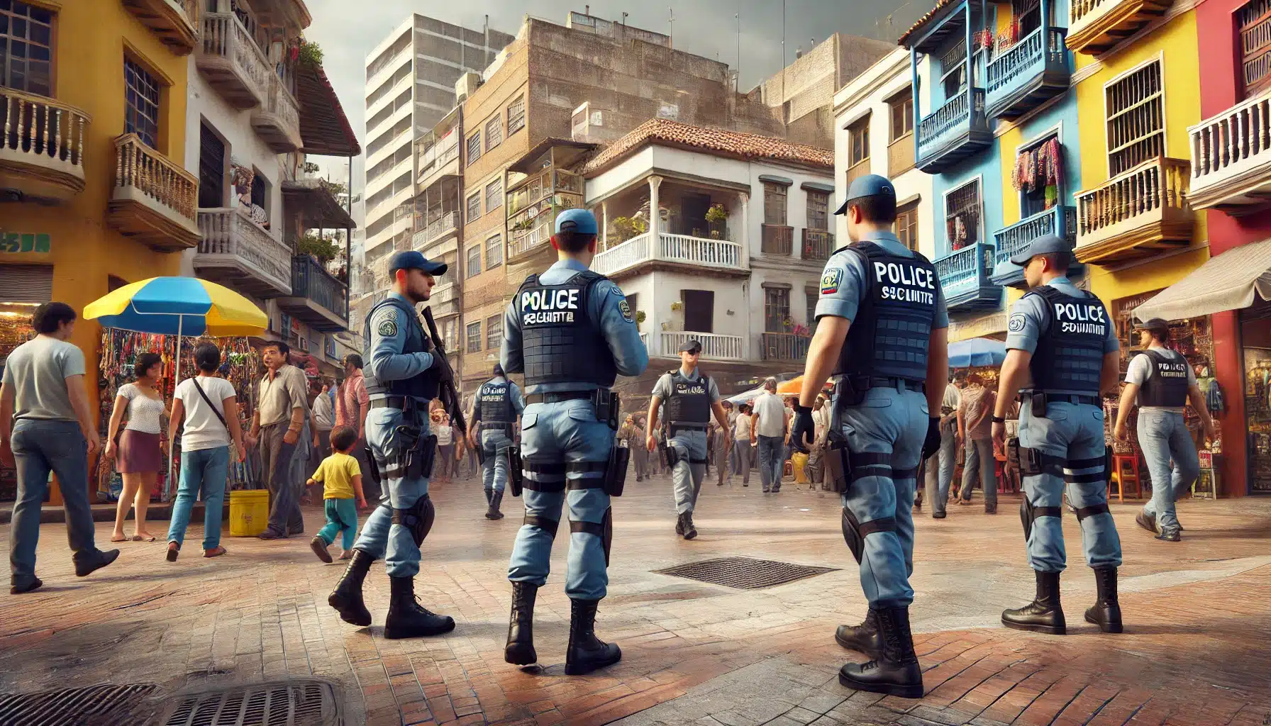 a realistic depiction of security in colombia, showing a street scene in a colombian city. a mix of uniformed security personnel, such as police offic