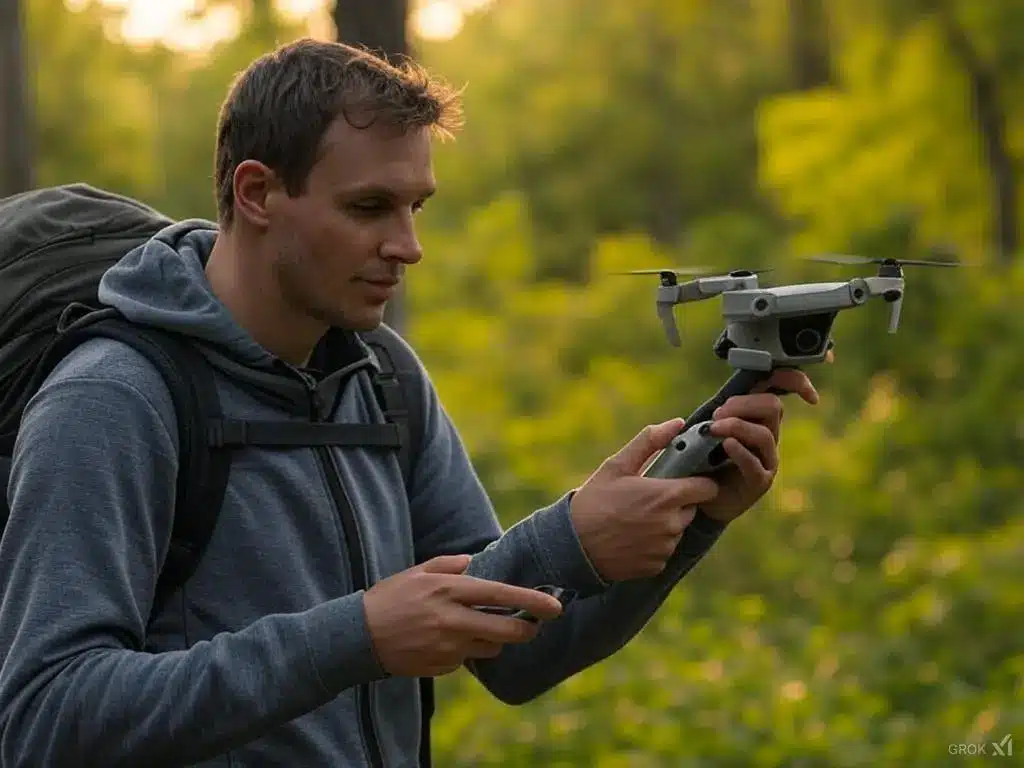 Un homme qui utilise un mini drone pendant ses vacances