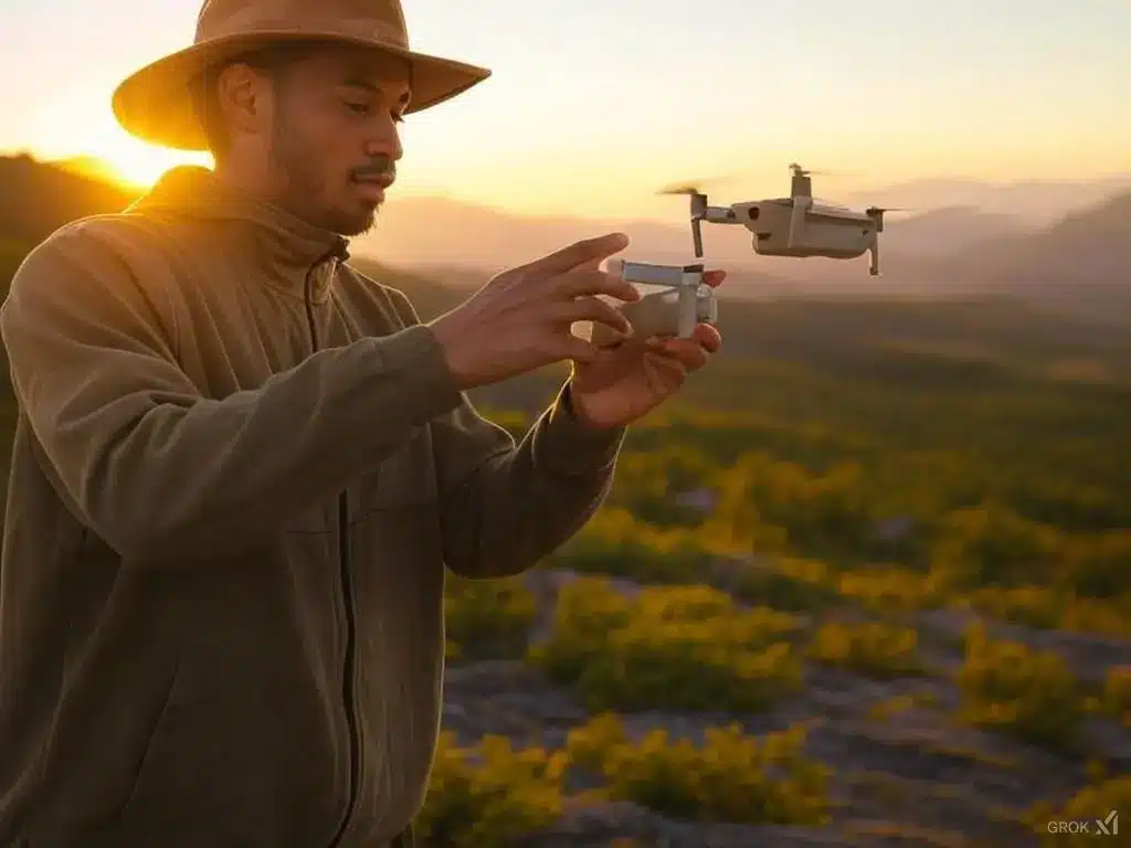 L'image illuste un voyageur en train d'utiliser un mini drone DJI mini drone